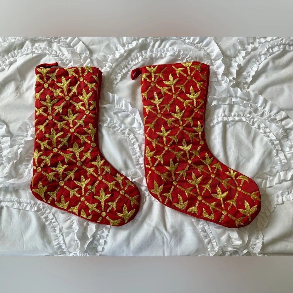 Red and Gold Embroidered Christmas Stockings set of 2